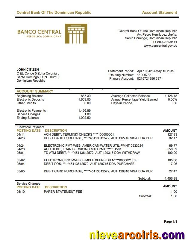 Dominican Republic Central Bank of The Dominican Republic bank statement